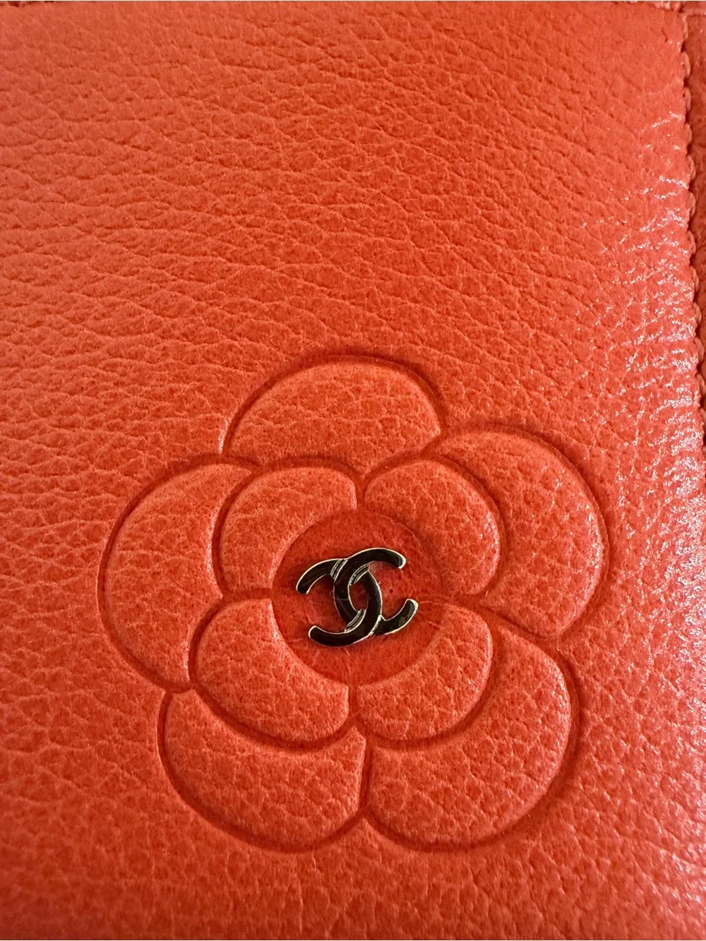 Chanel Goatskin Embossed Camellia Card Holder in Coral